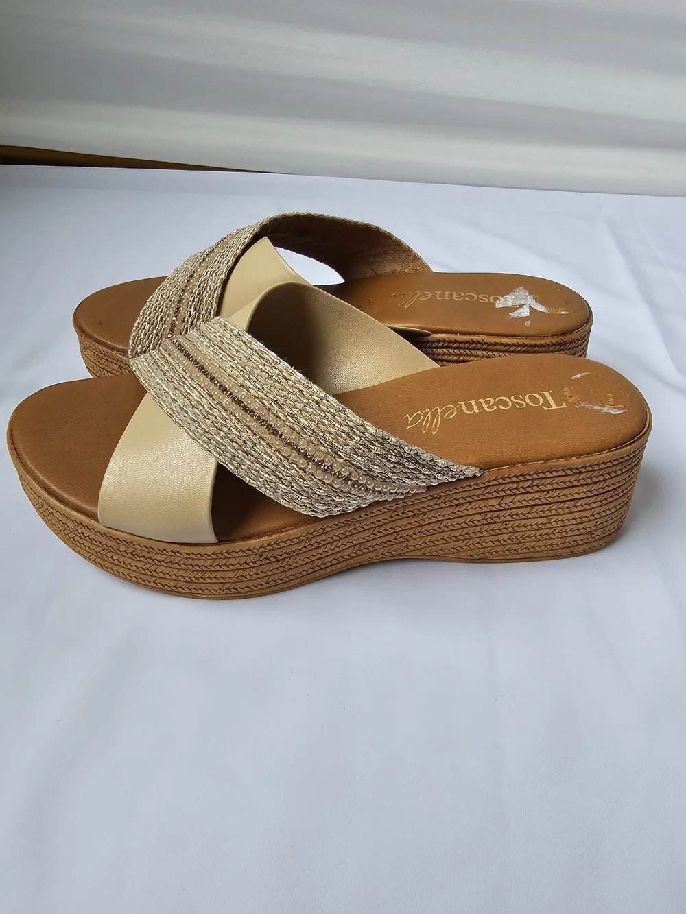 Toscanella Italy Neutral Metallic Wedge Platform Sandals - Size 7